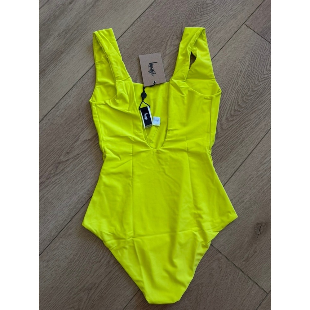 Stussy Stock One Piece Swim Suit Neon Yellow Logo 213070 Womens Small NWT - Picture 7 of 7